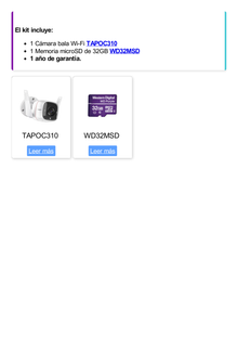 Kit de Cámara IP Wi-Fi / Incluye 1 Pieza Modelo TAPOC310 / 2 Megapixel / Audio Doble Vía / Utiliza la App Tapo / 1 Memoria Micro SD Modelo WD32MSD