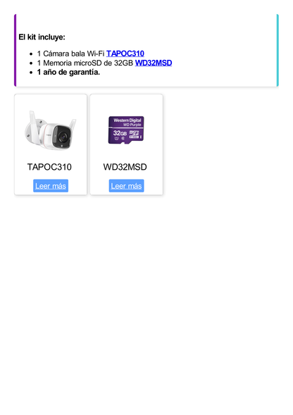 Kit de Cámara IP Wi-Fi / Incluye 1 Pieza Modelo TAPOC310 / 2 Megapixel / Audio Doble Vía / Utiliza la App Tapo / 1 Memoria Micro SD Modelo WD32MSD