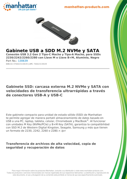 Gabinete SSD Manhattan USB-A / USB-C M.2 NVMe/SATA