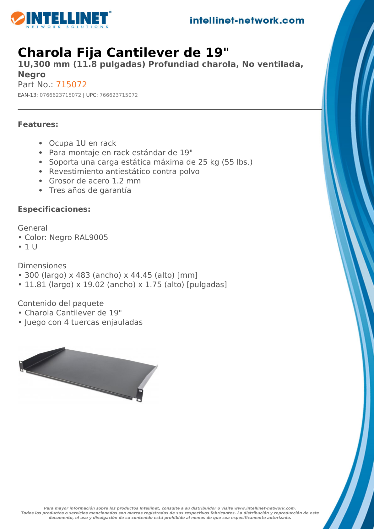 CHAROLA INTELLINET RACK 1U 30CM SOLIDA 25KG 715072