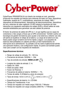 UPS de 3000 VA/3000 W, Topología Línea Interactiva, Entrada 120 Vca NEMA L5-30P, Onda Senoidal Pura, Torre o Rack de 2 UR, Con 8 Tomas 5-20R y 1 L5-30R