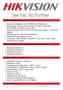 PTZ IP 4 Megapixel / 32X Zoom / Dual Light (100 mts IR / 30 mts Luz Blanca) / Polimero Anticorrosivo (Ideal para Zonas Costeras o Alta Salinidad) / AutoSeguimiento / DARKFIGHTER / Exterior IP67 / NEMA 4X / C5 / Micro SD