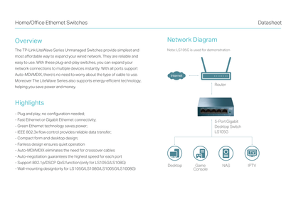 Switch TP-Link LS1005 de escritorio 5 puertos 10/100M no administrable carcasa de plástico tecnología Green Ethernet