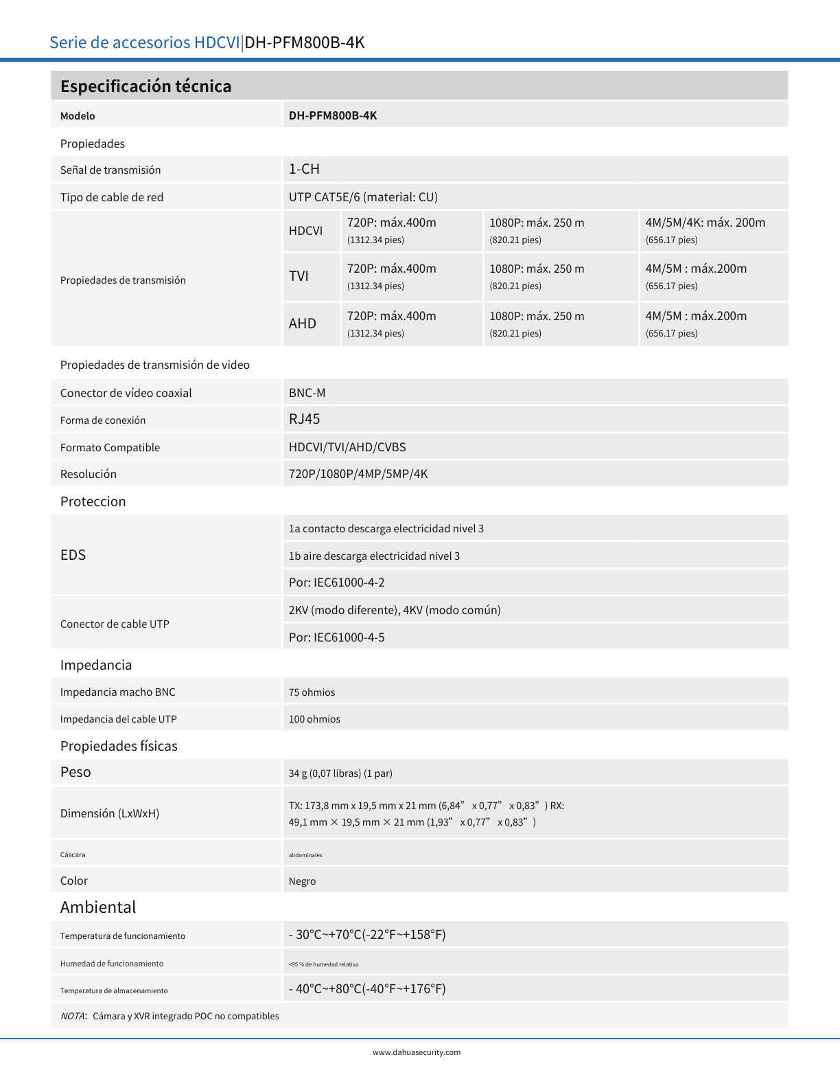 Transceptores Dahua DH-PFM800B-4K  pasivos 4 k resolucion de hasta 8 mp distancia hasta 200 m