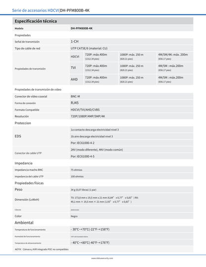 Transceptores Dahua DH-PFM800B-4K  pasivos 4 k resolucion de hasta 8 mp distancia hasta 200 m