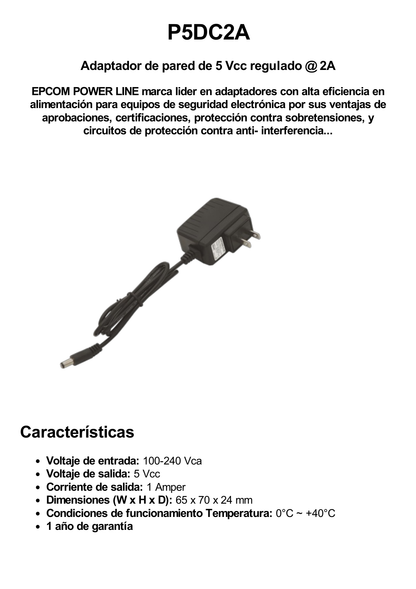 5 Vcc / 2 A / Adaptador de voltaje  / Voltaje de Entrada de 100-240 Vca