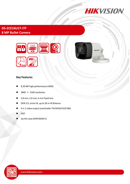 Cámara Hikvision Bullet TurboHD 4K/ 8 MPX Lente 2.8mm IR 30 Mts Metálica y Policarbonato DS-2CE16U0T-ITF Gran Angular 102°