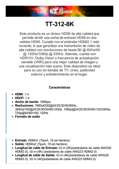 Splitter HDMI 1x2 | Velocidad de trasmisión 48 Gbps| Resolución 8k | Salida de audio| HDCP 2.3