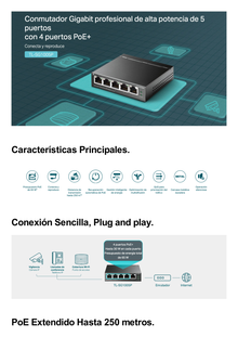 Switch Escritorio No Administrable de 5 puertos 10/100/1000 Mbps / Con 4 puertos PoE 802.3af/at de hasta 65 W / PoE Extendido hasta 250 metros