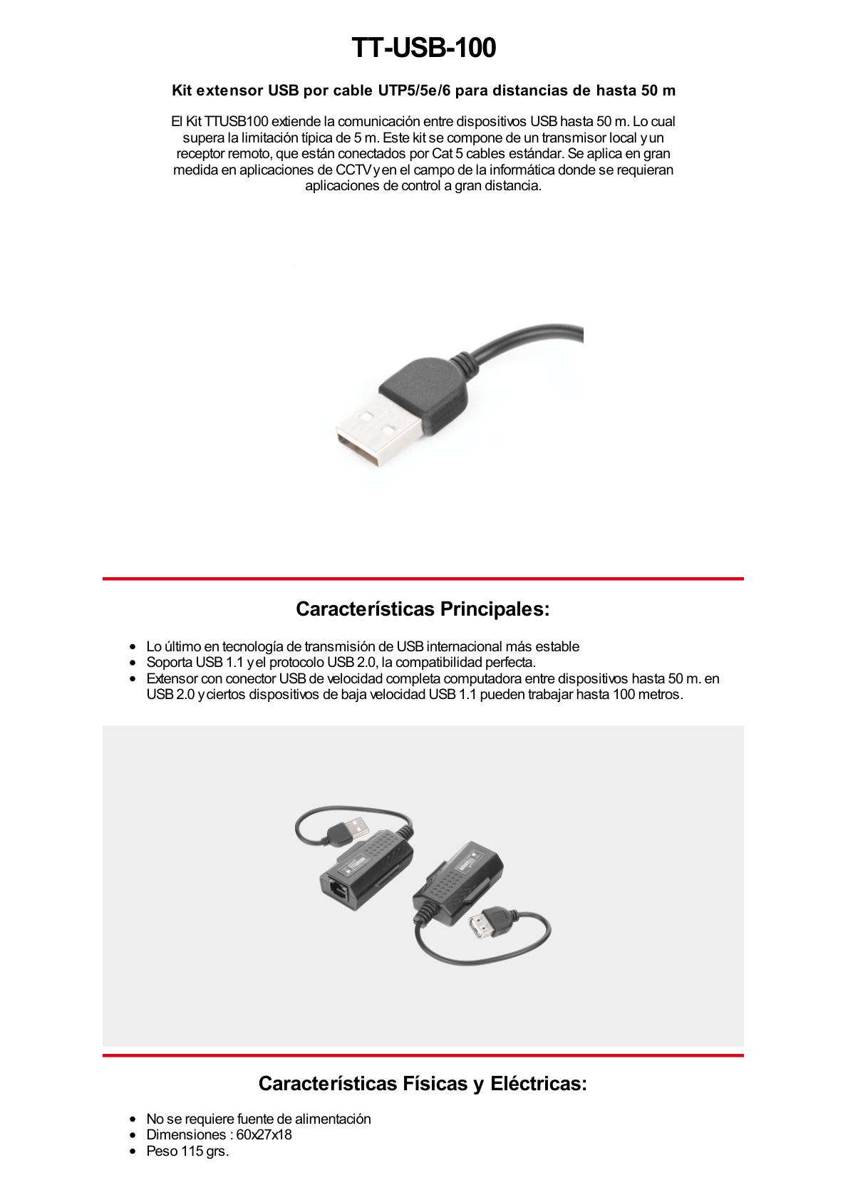 Kit extensor USB por cable UTP Cat 5 / 5e / 6 para Distancias de Hasta 50 Metros / Versión 2.0