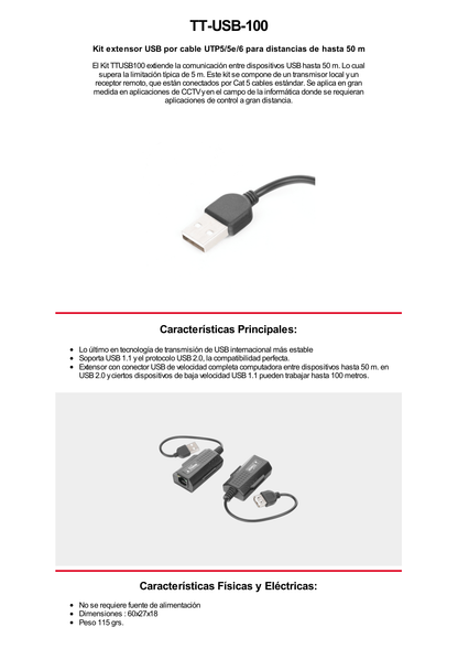 Kit extensor USB por cable UTP Cat 5 / 5e / 6 para Distancias de Hasta 50 Metros / Versión 2.0