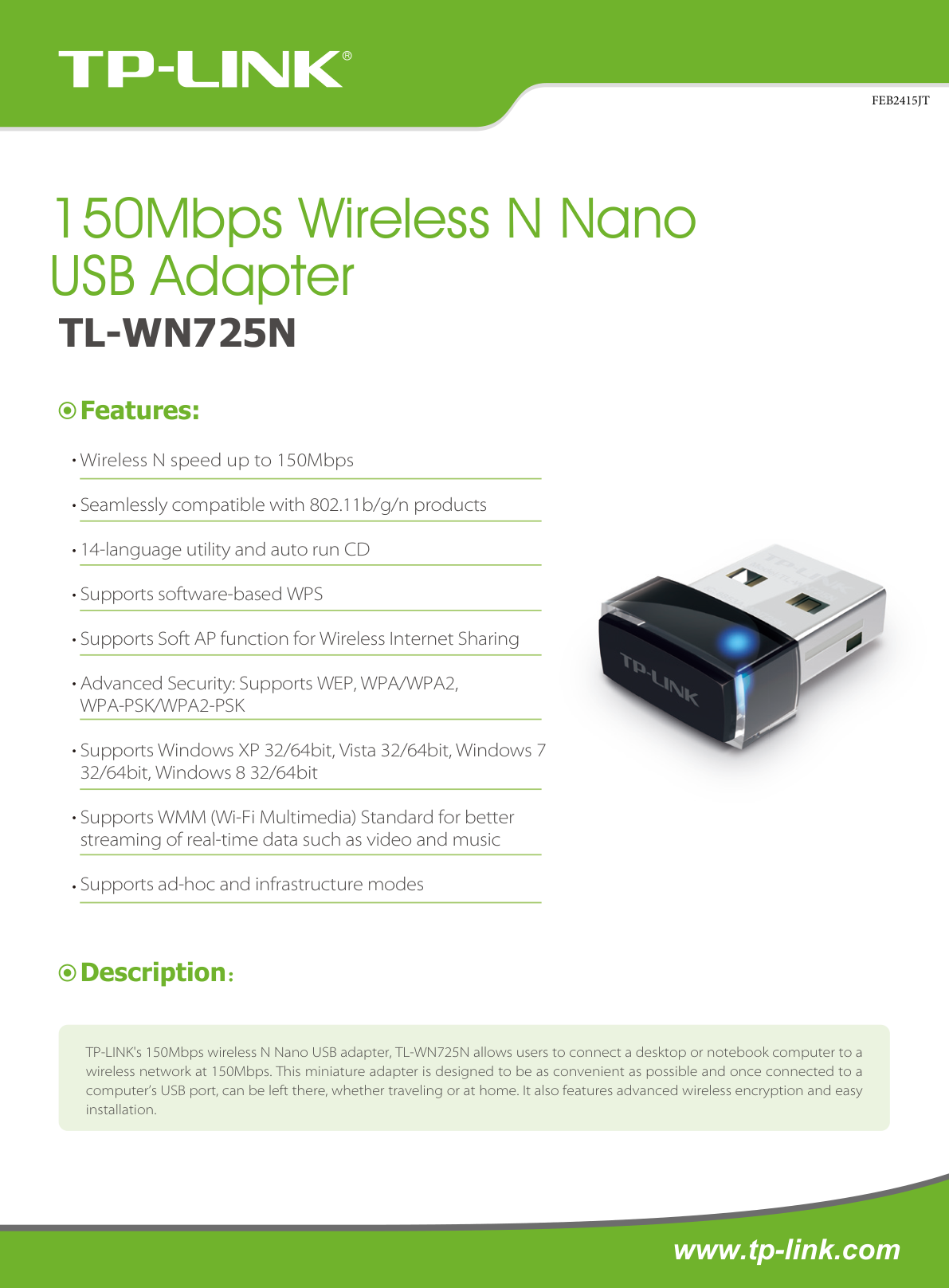 Adaptador inalámbrico TP-Link Nano TL-WN725N USB 2.0 N 150Mbps