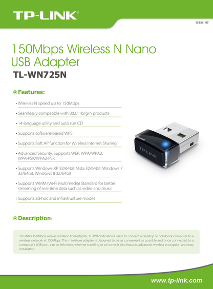 Adaptador inalámbrico TP-Link Nano TL-WN725N USB 2.0 N 150Mbps