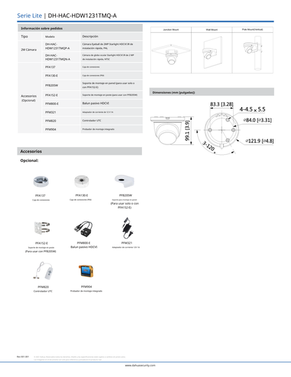 Camara Dahua DH-HAC-HDW1231TMQN-A domo 1080p lente 2.8 mm IR 60 m plastico  microfono 107 gds apertura IP67