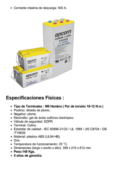 Batería de GEL PURO OPzV / 2 V @ 2,000 Ah / Ciclo profundo /Uso en Aplicaciones Fotovoltaicas y de Respald