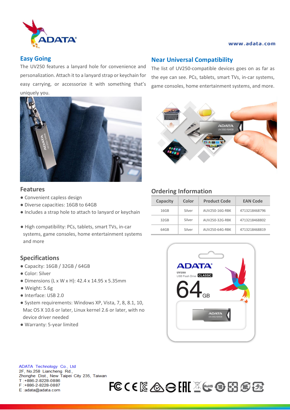 MEMORIA ADATA 64GB USB 2.0 PLATA METALICA  AUV250-64G-RBK