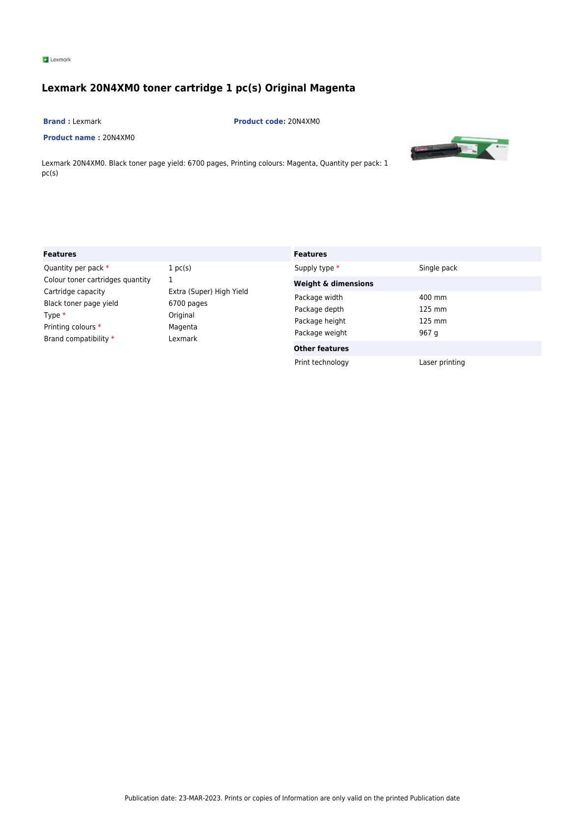 TONER LEXMARK 20N4XM0 MAGENTA CS431DW / CX431ADW (6 700 PAG)