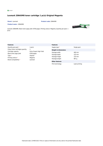 TONER LEXMARK 20N4XM0 MAGENTA CS431DW / CX431ADW (6 700 PAG)