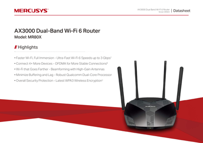 Router Wi-Fi 6 Mercusys MR80X AX3000 MU-MIMO OFDMA 1x RJ45 WAN y 3x RJ45 LAN gigabit 4 antenas 5dBi modo AP SmartConnect