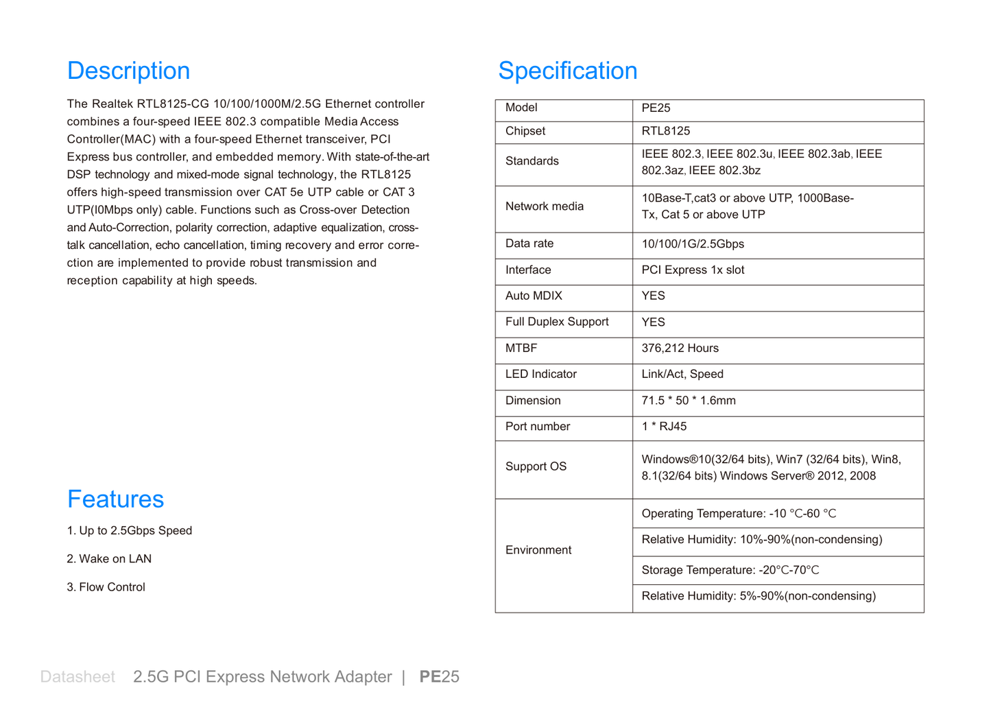 Adaptador Cudy PE25 PCI Express 1 puerto RJ45 hasta 2.5Gbps chipset RTL8125 soporte Wake-On-LAN