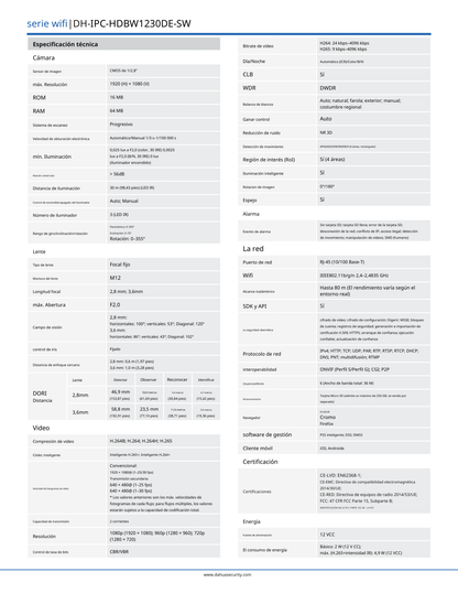 Camara Dahua DH-IPC-HDBW1230DE-SW IP domo WIFI 2 mpx lente 2.8 100 gds IR 30 m antivandalica lk10 deteccion de humanos IP67