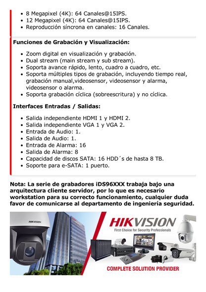 NVR 12 Megapixel (4K) / 64 Canales IP / 16 Bahías de Disco Duro / 4 Tarjetas de Red / RAID con Hot Swap / Reconocimiento Facial