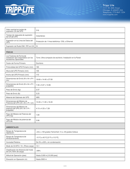 UPS Standby TrippLite INTERNET550U 550VA/300W monofásico 10 NEMA 5-15R (5 con protección batería) ultracompacto 1 puerto USB