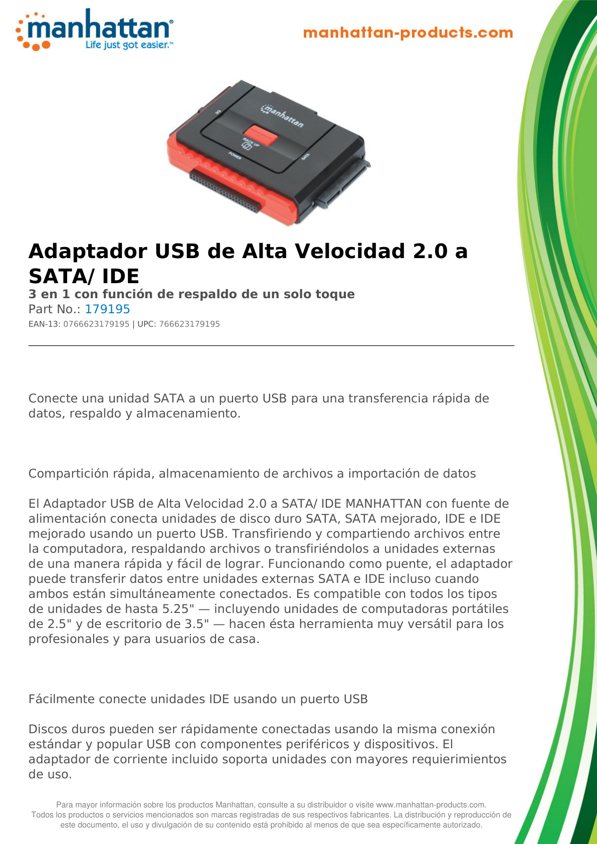 ADAPTADOR MANHATTAN USB PARA DISCO EXT SATA/IDE