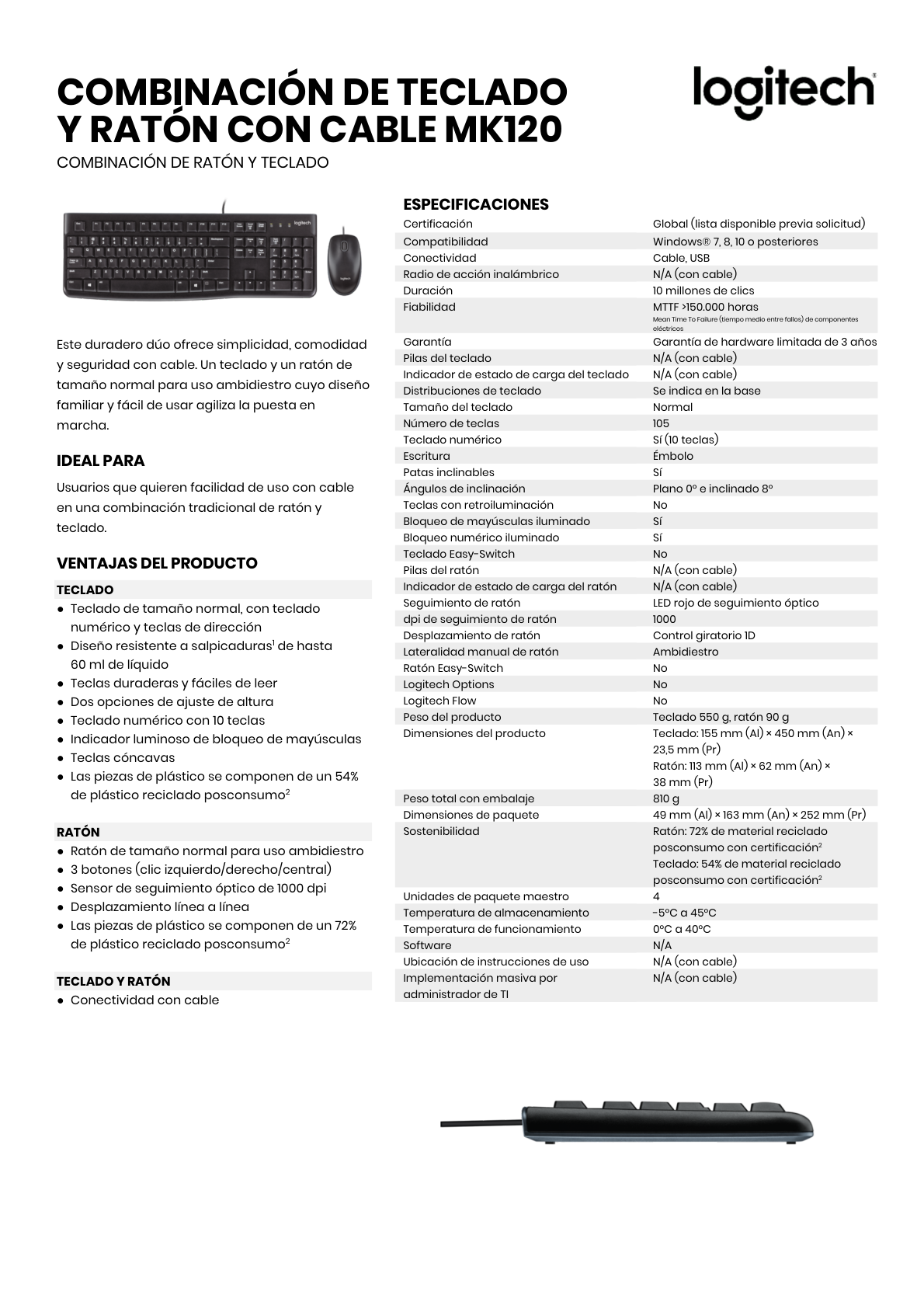 KIT TECLADO Y MOUSE LOGITECH ALAMBRICO USB MK120 NEGRO