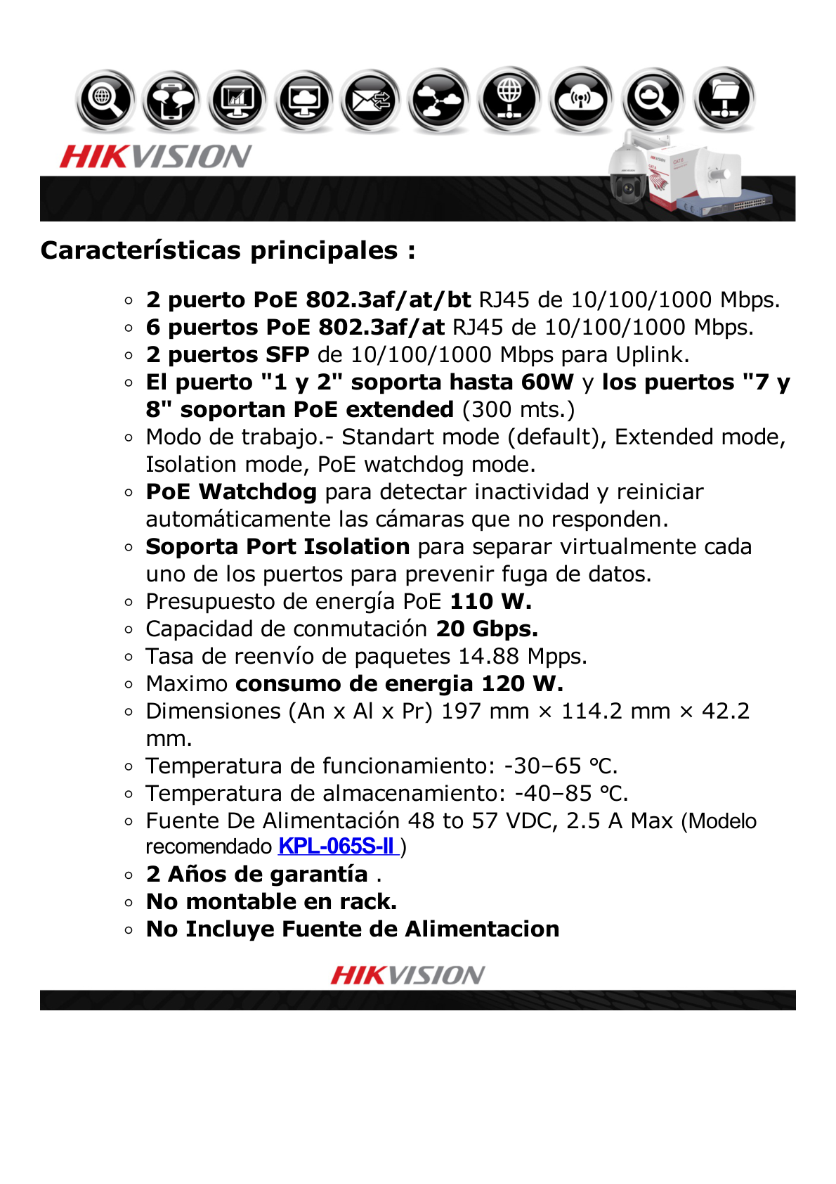 Switch Industrial No Administrable Gigabit / 6 Puertos Gigabit PoE+ (30 W) + 2 Puertos Gigabit PoE++ (60 W) / 2 Puertos SFP / 120 W Total / 48 a 57 VCD / Ideal para Proyectos / 300 Metros de Distancia