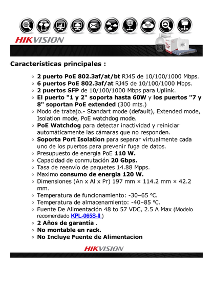 Switch Industrial No Administrable Gigabit / 6 Puertos Gigabit PoE+ (30 W) + 2 Puertos Gigabit PoE++ (60 W) / 2 Puertos SFP / 120 W Total / 48 a 57 VCD / Ideal para Proyectos / 300 Metros de Distancia