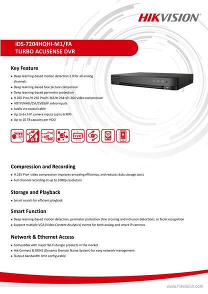 Dvr Hikvision 4 Canales 5 Mpx like- 3k Lite TurboHd+2 Canales Ip Acusense Evita Falsas Alarmas/ Audio por Coaxitron/ Reconocimiento Fasial