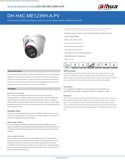 Camara Dahua DH-HAC-ME1239HN-A-PV domo TiOC 2 mpx lente 3.6 mm IR 40 m metalica exterior microfono integrado IP67