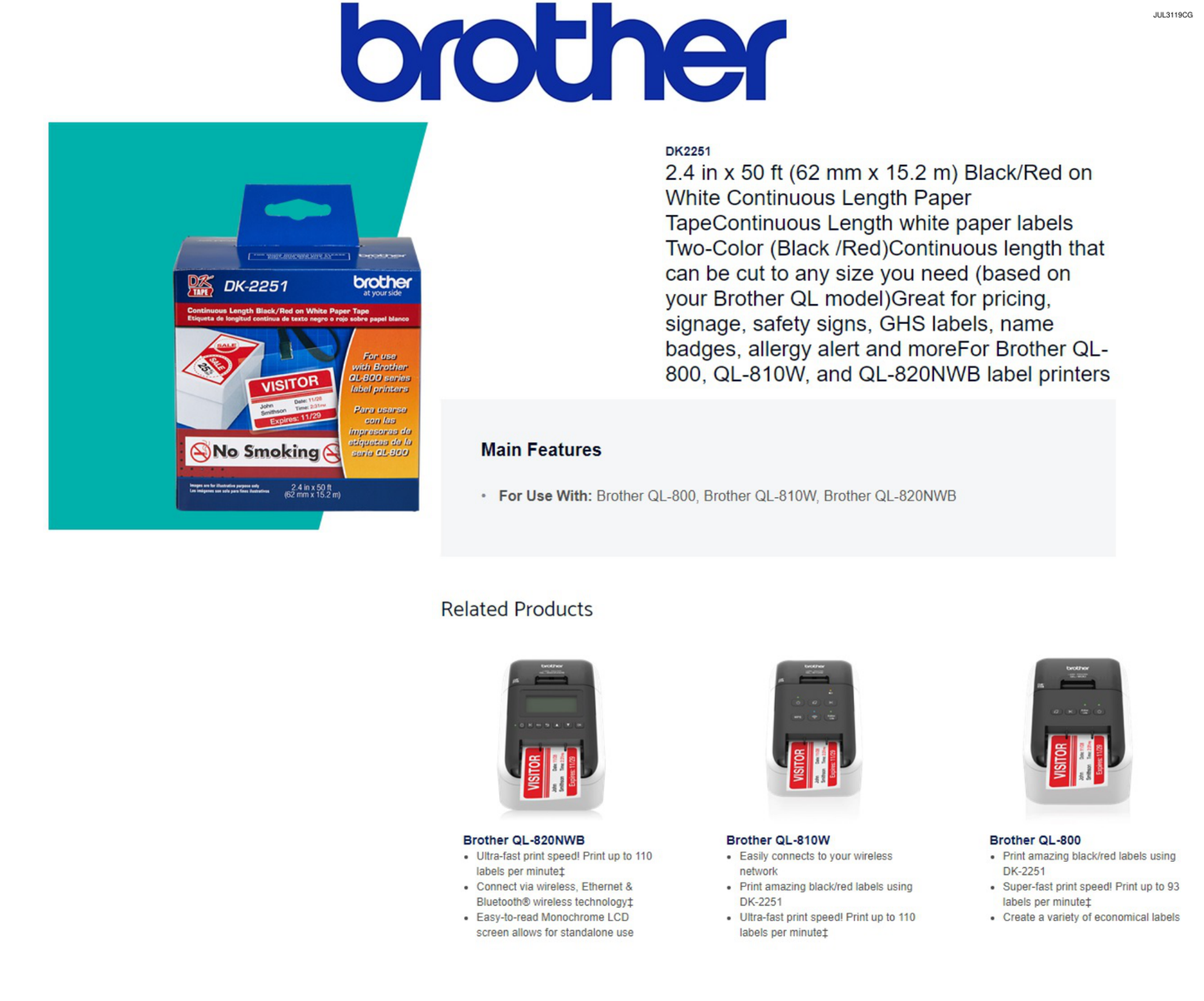 Cinta Brother Para Etiqueta Blanca DK2251 60.96mmx15.24mm QL-800/QL-810W/QL-820NWB (1 Rollo)