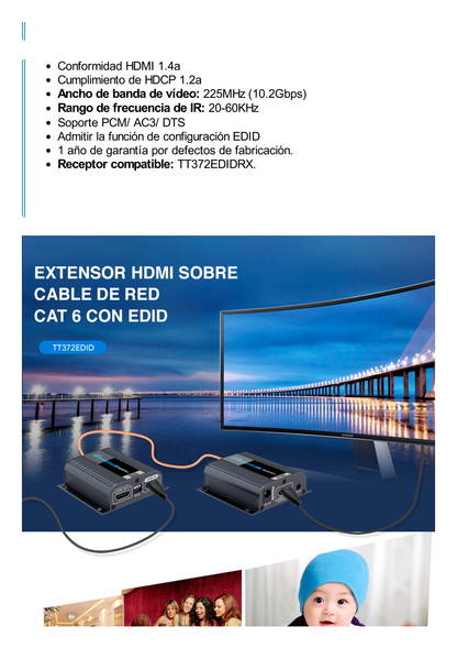 Kit Extensor HDMI para distancias de 50 metros / Soporta resoluciones 720 y 1080P @ 60 Hz / Cat 6, 6a y 7 / Salida Loop en el Tx para visualización local /  Configuración EDID / Soporta control remoto del equipo fuente / Alimente solo el Tx