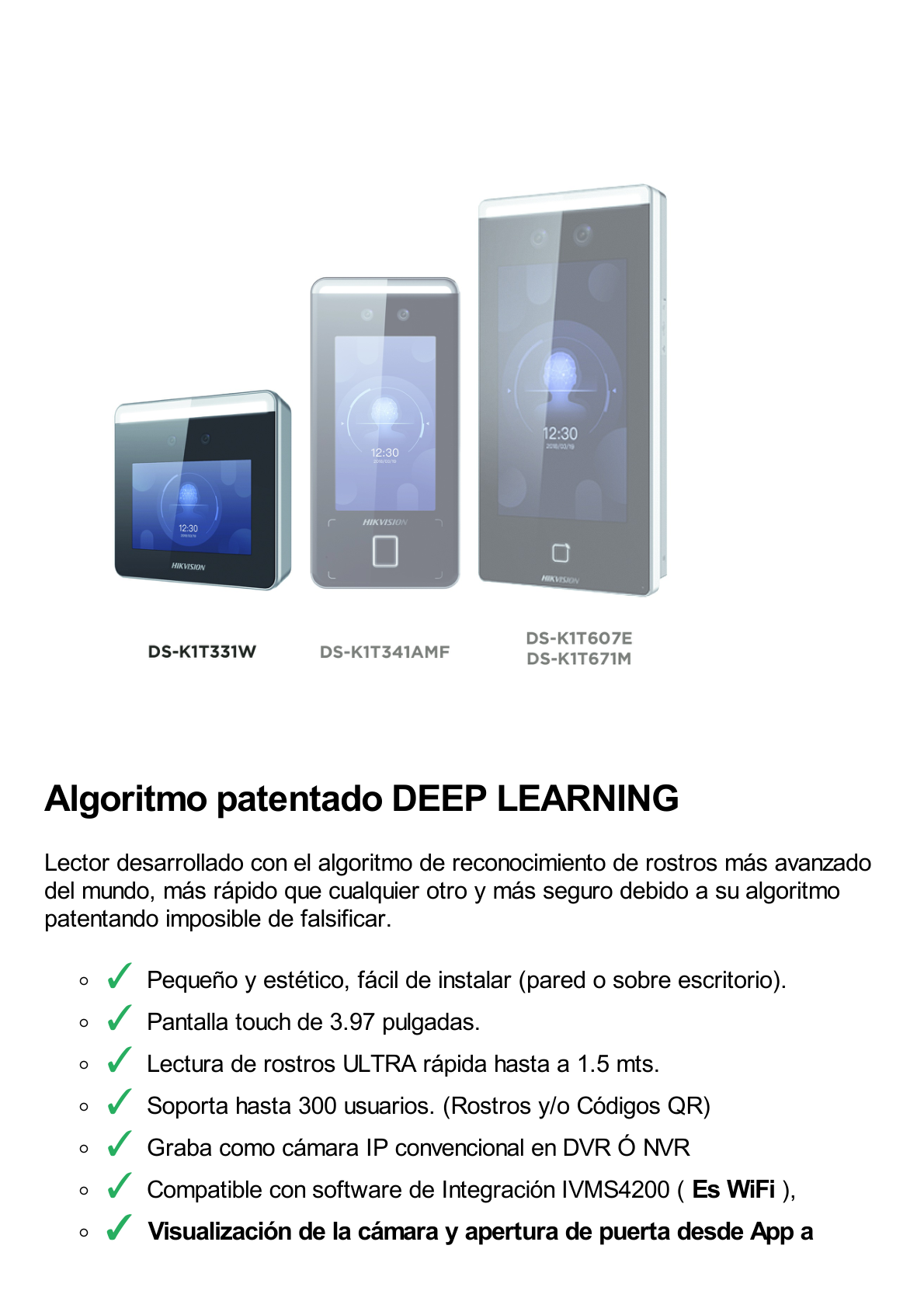 Terminal WIFI de Reconocimiento Facial ULTRA RÁPIDO y lectura de CÓDIGOS QR / Asistencia + Control de Acceso / Soporta APP de Hik-Connect (P2P) / Hasta 1.5 Mts de Reconocimiento Incluso en Movimiento