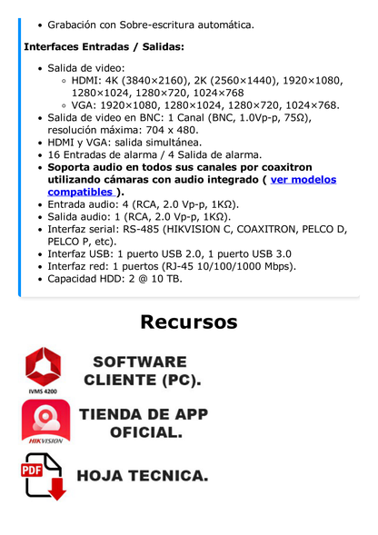 DVR 16 Canales TurboHD + 16 Canales IP / 8 Megapixel (4K) / Acusense (Evita Falsas Alarmas) / Audio por Coaxitron / 2 Bahías de Disco Duro / Salida de Video en 4K / 8 Entradas de Alarma / 4 Salidas de Alarma / H.265+