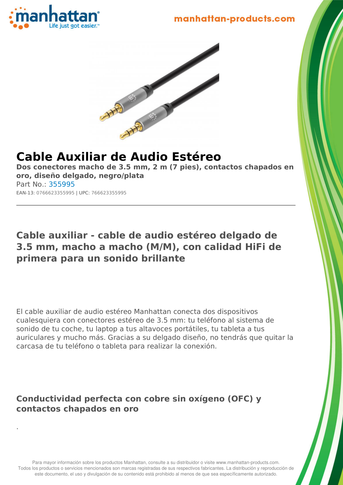 CABLE MANHATTAN DE AUDIO 3.5MM 1 MACHO A 1 MACHO 2M