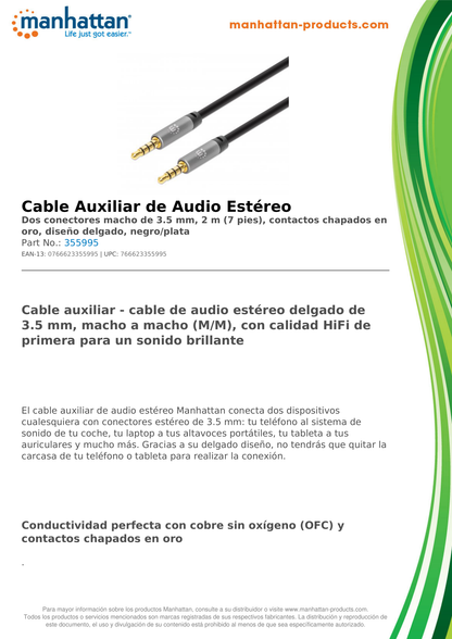 CABLE MANHATTAN DE AUDIO 3.5MM 1 MACHO A 1 MACHO 2M