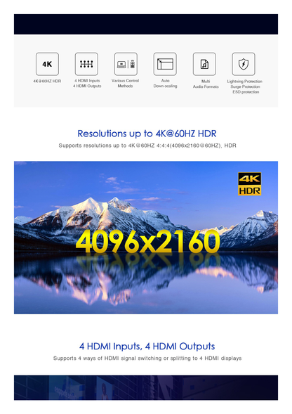 Matricial 4x4 HDMI | 4K@60Hz | Soporta HDR10 | Configuración EDID | Múltiples Modos de Conmutación