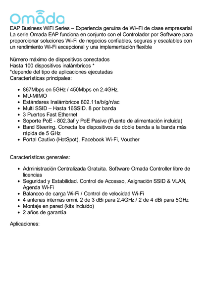 Kit de 5 Puntos de Accesso Omada doble banda 802.11ac, MU-MIMO, PoE af y PoE Pasivo, soporta hasta 100 clientes, hasta 1350 Mbps.