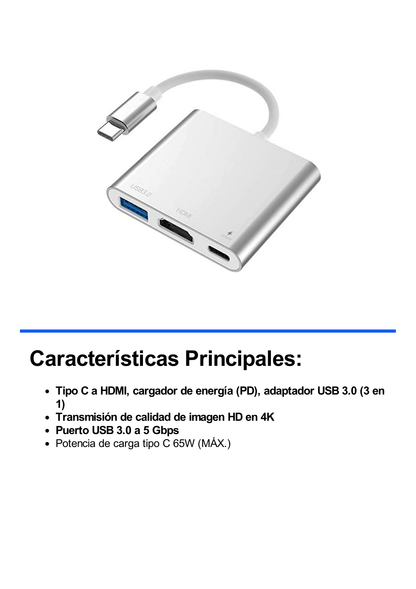 Adaptador Multipuerto USB-C 3.1 A HDMI 4K / USB 3.0 / USB – C /  Alta Velocidad de Transmisión de Datos / Admite Carga Rápida (PD) en el Puerto USB – C