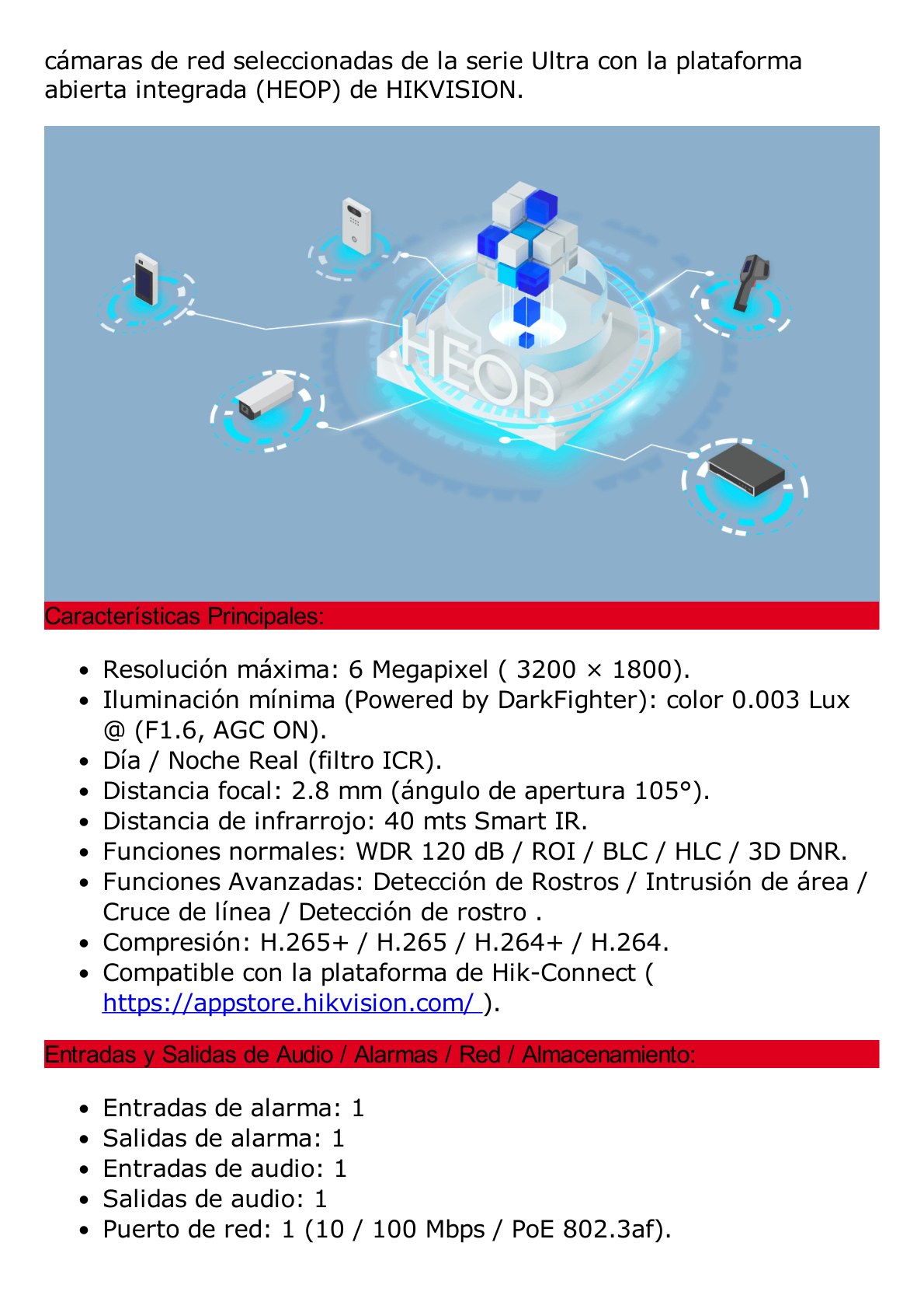 Bala IP 6 Megapixel / Lente 2.8 mm / 40 mts IR / Exterior IP67 / PoE / ACUSENSE / DARKFIGHTER / Alarmas y Audio I/O / ONVIF / Micro SD / 4 Analíticos: AcuSense, Deteccion Facial, Conteo de Personas por Cruce y Zona