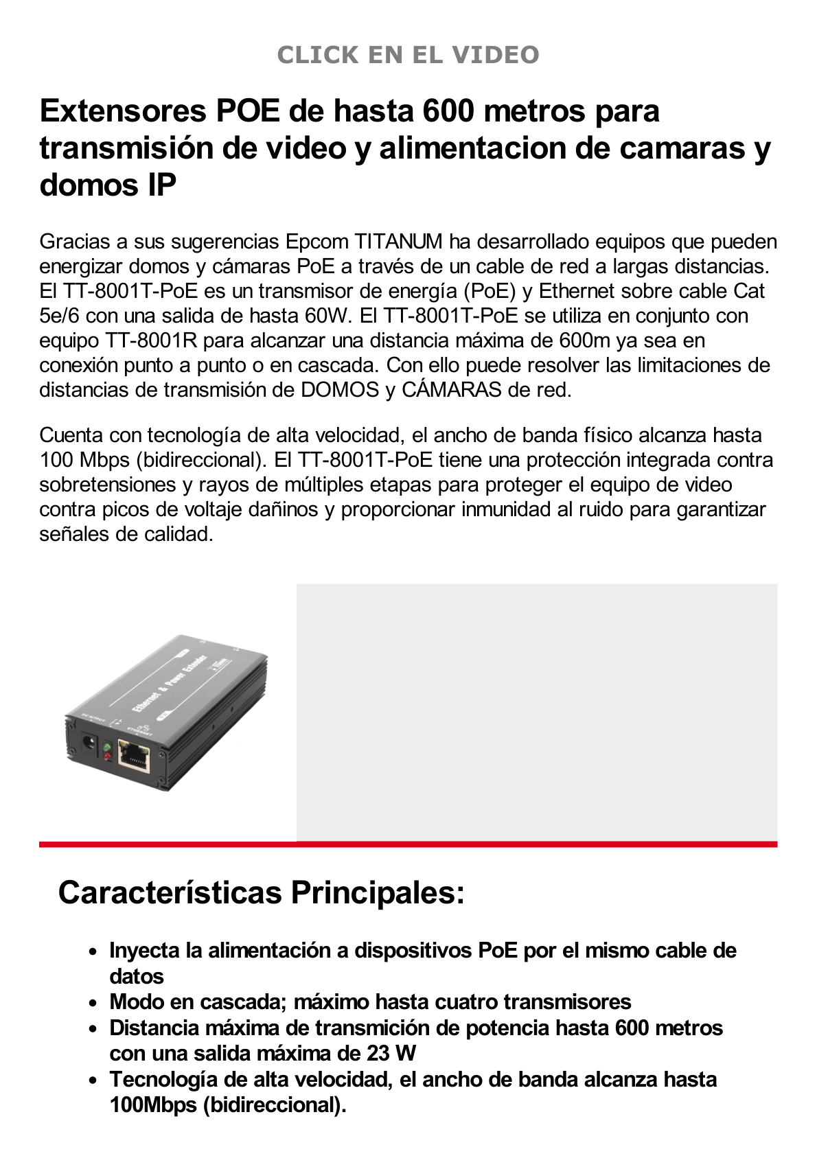 (POE 600 METROS) Transmisor para Extensor PoE TT-8001R  / 1 Puerto  para recepción de video y alimentación (PoE) / IDEAL PARA DOMOS Y CAMARAS IP / Conexión en Cascada / Soporta PTZ´s de 60 W / Soporta IEEE802.3af/at