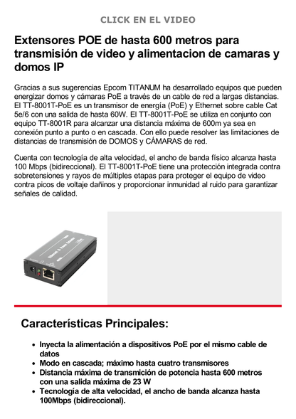 (POE 600 METROS) Transmisor para Extensor PoE TT-8001R  / 1 Puerto  para recepción de video y alimentación (PoE) / IDEAL PARA DOMOS Y CAMARAS IP / Conexión en Cascada / Soporta PTZ´s de 60 W / Soporta IEEE802.3af/at