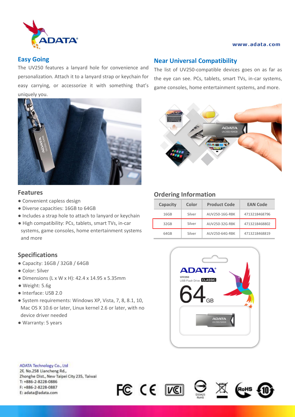 MEMORIA ADATA 32GB USB 2.0 PLATA METALICA AUV250-32G-RBK