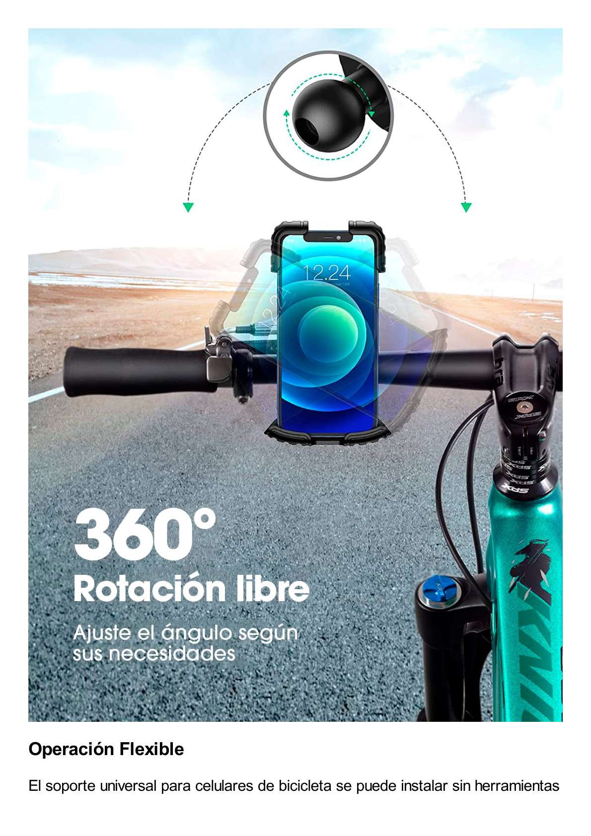 Soporte de Celular para Manillar de Motocicleta o Bicicleta / Anti Vibración / Protección de clip Antideslizante / Rotación de 360° / Bloqueo de Seguridad / Compatible con manillar de 0.6'' a 1.75'' / Soporta dispositivos de 4.6''