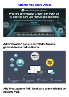 Switch L2+ Omada PoE+ / 48 Puertos PoE+ 10/100/1000 Mbps / 4 Puertos SFP 1G / 2 Puertos Consola (RJ45 y microUSB) / Administración Centralizada Omada o Stand-Alone / Multicast IGMP / Calidad de Servicio / Presupuesto PoE 384W / Montaje en Rack