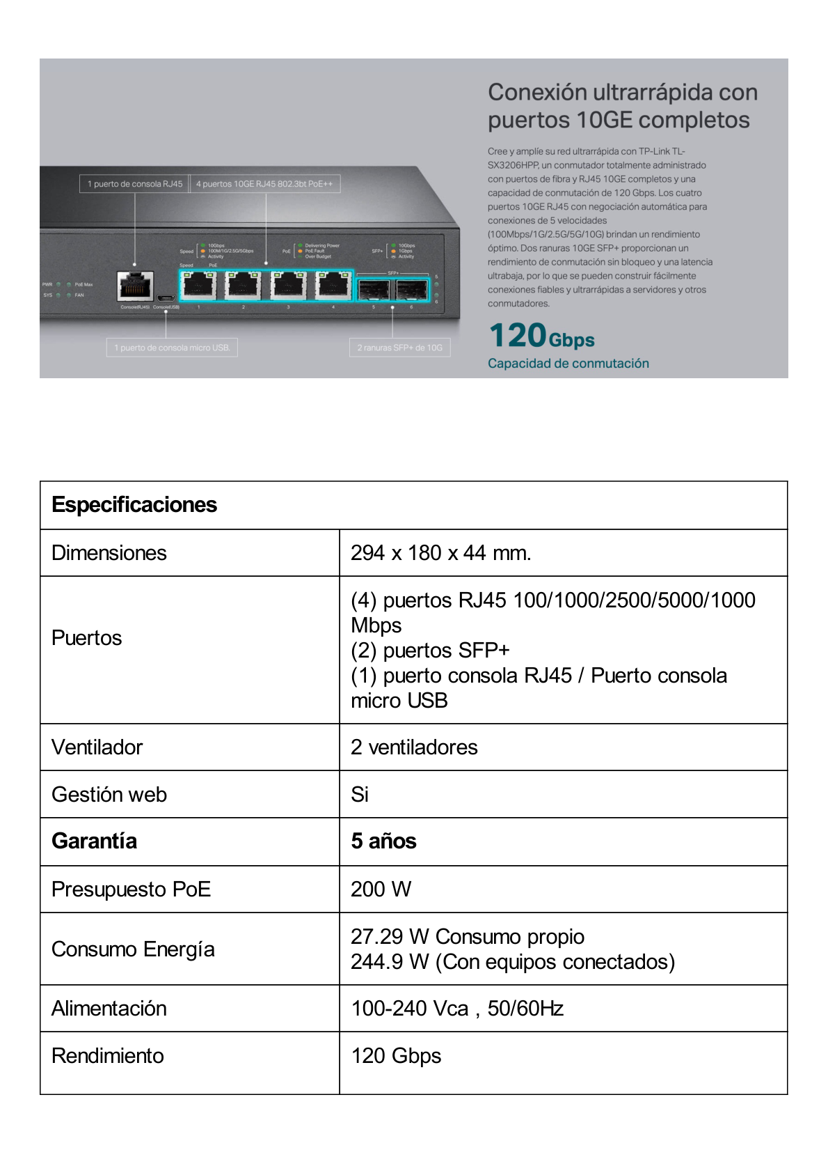 Switch L2+ PoE++ Omada 6 Puertos 10G / 4 Puertos 802.3 af/at/bt  Multi-Gigabit  1G, 2.5G, 5G, 10G / 2 Puertos SFP+ 10G / Multicast IGMP / Adminstración Centralizada Omada o Stand-Alone / Presupuesto PoE 200W / Montaje Rack-Escritorio