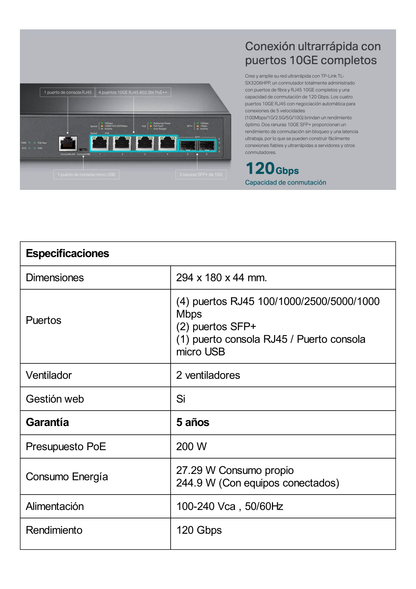 Switch L2+ PoE++ Omada 6 Puertos 10G / 4 Puertos 802.3 af/at/bt  Multi-Gigabit  1G, 2.5G, 5G, 10G / 2 Puertos SFP+ 10G / Multicast IGMP / Adminstración Centralizada Omada o Stand-Alone / Presupuesto PoE 200W / Montaje Rack-Escritorio